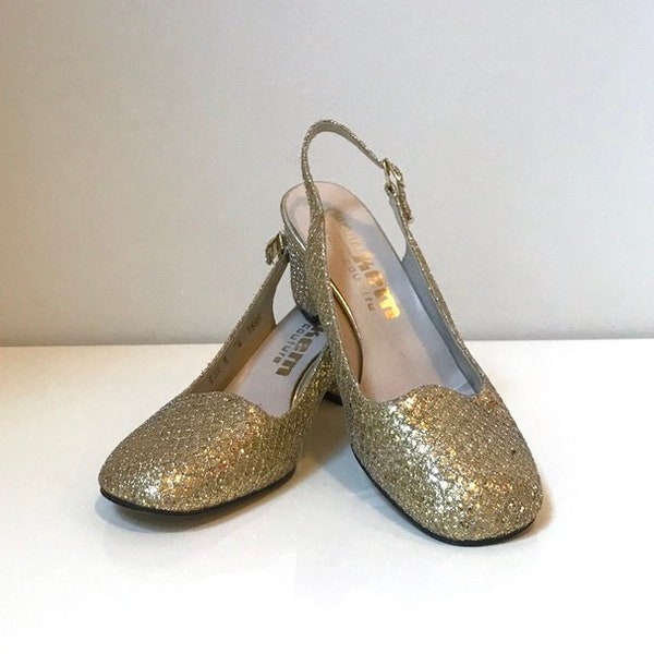 Vintage style Women Wedding Gold Shoes Vegan Leather Shoes Flitter Mary Jane Chunky 60s - 70s Inspired Flapper Low Heel Shoes Size 3 1/2
