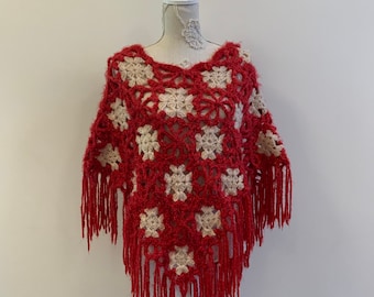 Crochet Poncho Red Vintage Knit Boho Fringed Soft Warm Cape Gift to her Bohemian Fringe Warm Scarf Poncho style Triangle Sweater Shawl