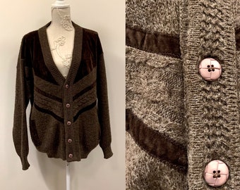 Men's Wool Office Cardigan Long Knit Brown color Coat Velvet details Knitted Jacket Long Button down Sweater Winter Cardigan Size M