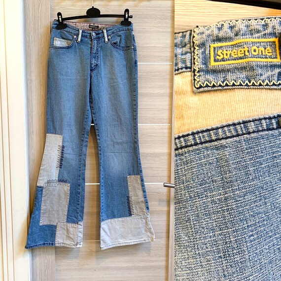 High Waist Denim Jeans Blue Women's Patchwork Velv