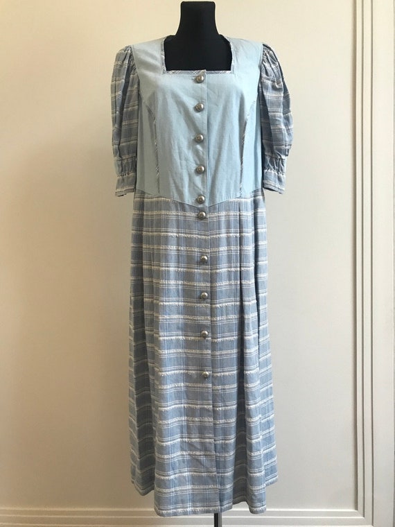 Dirndl Dress Blue Plaid Button up Loden Alpen Aus… - image 2