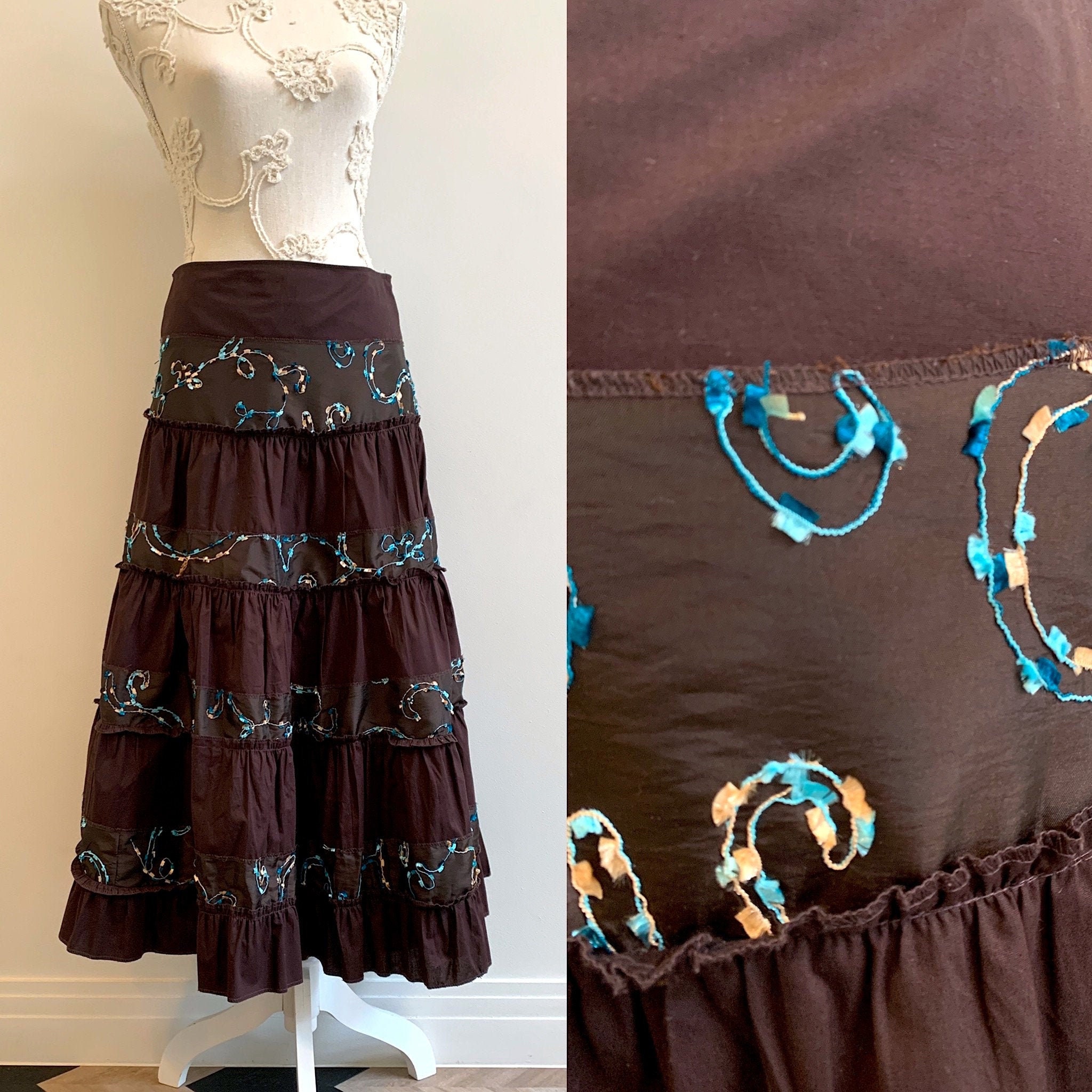 90s Vintage Long Skirt Mix Fabric Embroidered Skirt Woman Festival High Waist Geometric Pattern Skirt Size Medium Etsy Israel