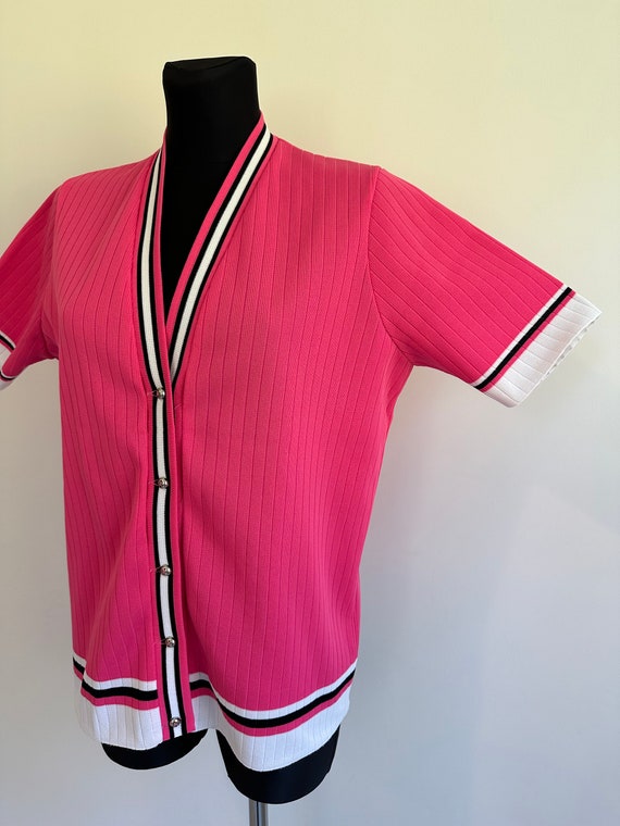 Vintage 70s - 80s Pink Blouse Deep V Neck Button … - image 3