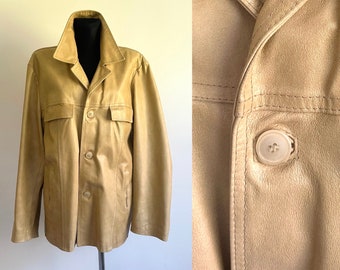 Men's Hipster Leather Jacket Short Trench Coat Festival 80s - 90s Vintage Yellow Genuine Leather Blazer Made in Italy Size XL-XXL