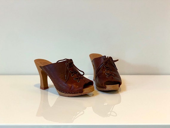 Vintage Burgundy Leather Clogs Sandals High Heel C