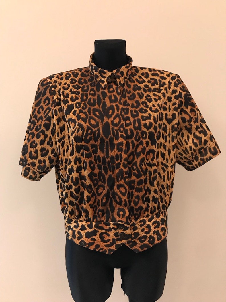 Vintage 80s 90s Blue Blouse Leopard Print Button up Blouse Short Sleeves Shirt Bright Color Back To School Animal Print Padded Size