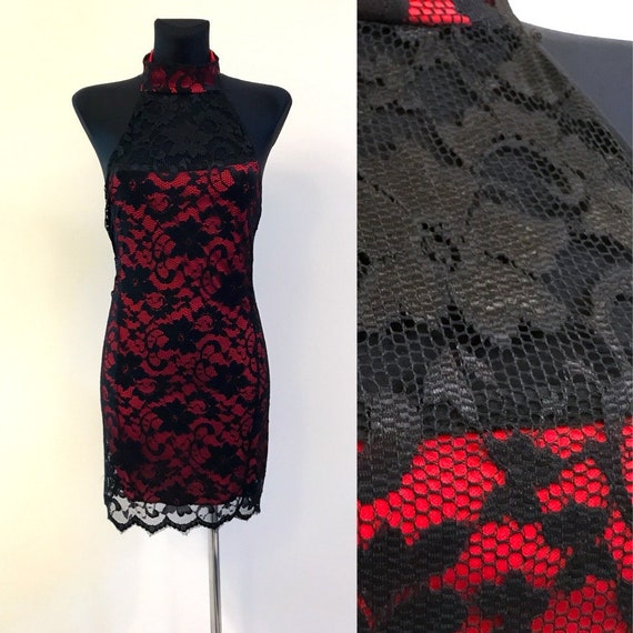 Black/Red Lace Cocon Cocktail Midi Dress Floral R… - image 1