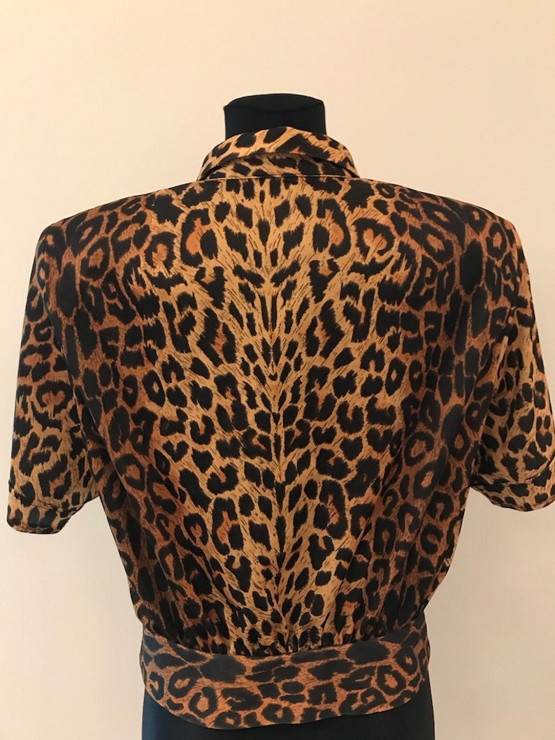 Vintage 80s 90s Blue Blouse Leopard Print Button up Blouse Short Sleeves Shirt Bright Color Back To School Animal Print Padded Size