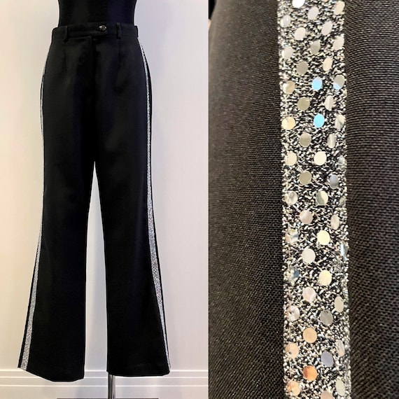 High Waist Black Elegant Women's Pants Straight Glitter Beads