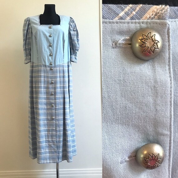 Dirndl Dress Blue Plaid Button up Loden Alpen Aust