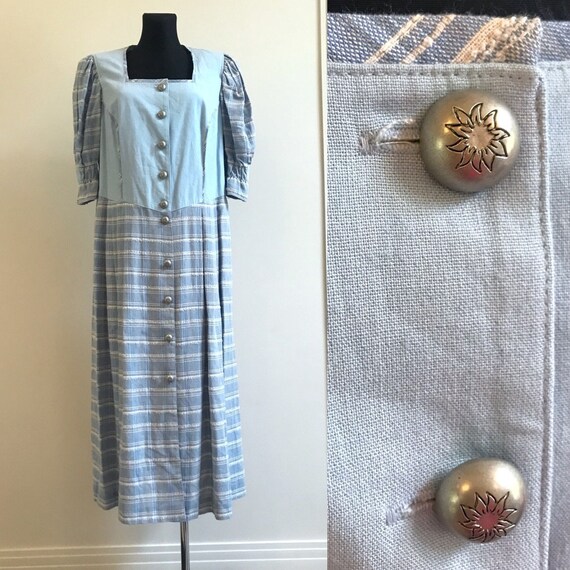 Dirndl Dress Blue Plaid Button up Loden Alpen Aus… - image 1