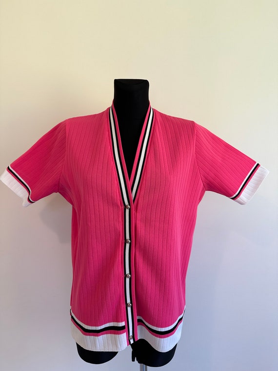 Vintage 70s - 80s Pink Blouse Deep V Neck Button … - image 2