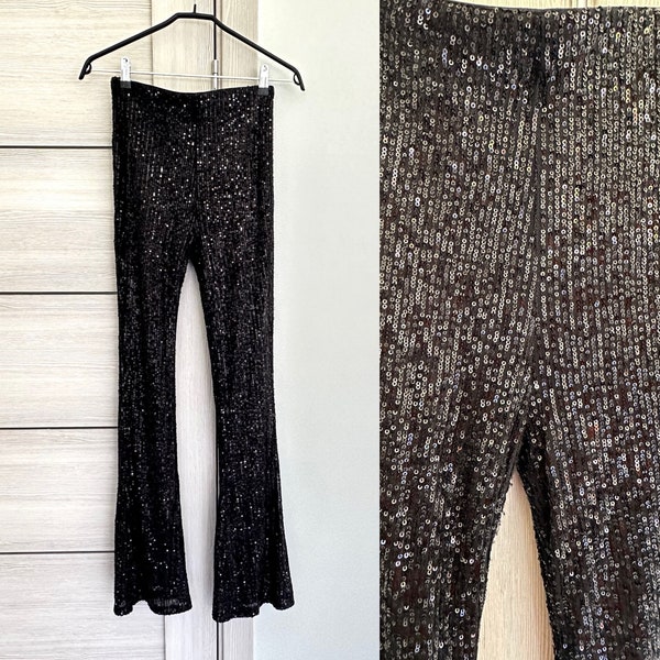 High Waist Black Elegant Women's Pants Sequin Bell Bottom Glitter Elastic Leggings Disco Evening 80s Party Trousers made in France Size S/M