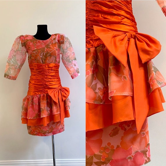 80s Vintage Prom Dress Retro Party Orange Bow Puff