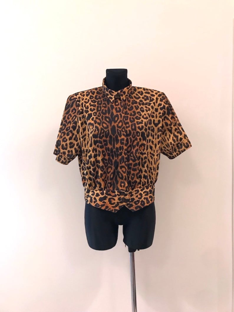 Vintage 80s 90s Blue Blouse Leopard Print Button up Blouse Short Sleeves Shirt Bright Color Back To School Animal Print Padded Size
