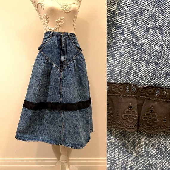 80s - 90s Vintage Long Denim Skirt Jeans Bleached… - image 1