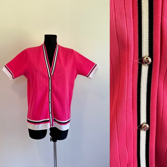 Vintage 70s - 80s Pink Blouse Deep V Neck Button … - image 1