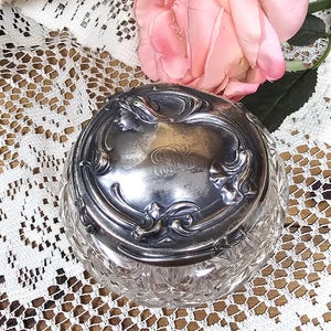 Antique Powder/Dresser Jar Cut Glass and Sterling Silver Lid  Art Nouveau Dresser Jar