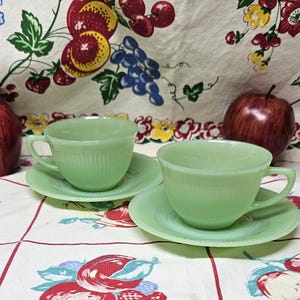 Vintage Fire King Jadeite "Jane Ray" (2) Teacups and (2) Rare Ribbed Saucers  Vintage Jadite