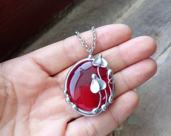 Red glass pendant Long necklace pendant Stained glass pendan Red jewelry Handmade jewelry Chain necklace Leaf pendant