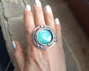 Adjustable turquoise statement ring Unique seacolor handmade ring Glass jewelry Oversized fashion ring Large rings