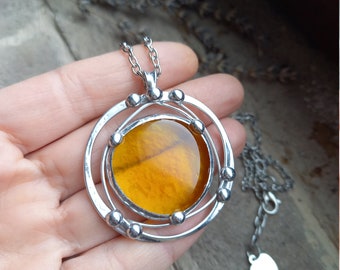 Yellow glass stone pendant necklace, stained glass pendant long chain necklace, handmade pendant