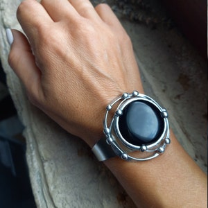Elegant large black cuff bracelet, glass stone bangle bracelet , statement handmade bracelet , black wristband