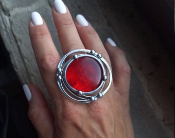 Oversized statement red ring, Adjustable designed ring, Red glass jewelry, Unique handmade statement ring