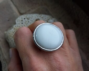 Anel grande ajustável branco, anel grande de vidro branco, anel branco elegante e grande