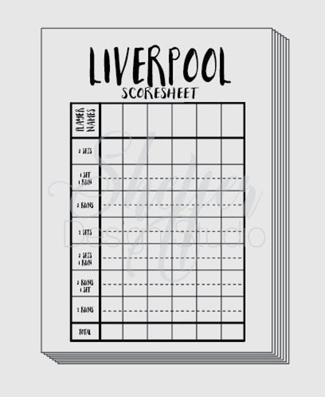 Printable Digital Download LIVERPOOL Card Game Scorecard in Two Sizes