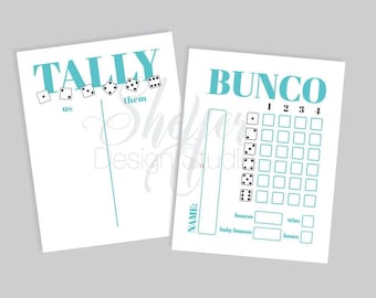 May include: A printable Bunco scorecard with a tally sheet. The scorecard has a grid with columns labeled 1, 2, 3, and 4. The tally sheet has a line down the middle with the words "us" and "them" on either side. The scorecard has a section for "buncos", "baby buncos", "wins", and "losses".