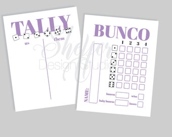May include: A printable Bunco scorecard with a purple and white color scheme. The scorecard has a section for tallying points and a section for recording wins, losses, buncos, and baby buncos.
