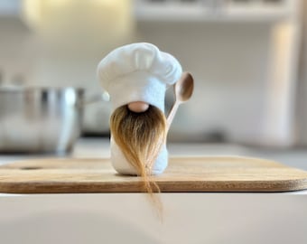 Hand Sewn Chef Gnome: Kitchen Shelf Decor with Wooden Spoon