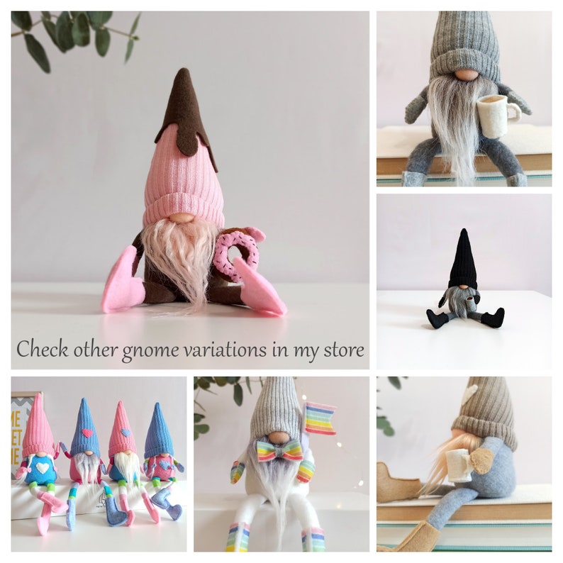 May include: A collection of handmade felt gnomes in various colors and poses. The gnomes are wearing hats and have long white beards. Some gnomes are holding accessories like a donut, a cup, and a rainbow flag. Check other gnome variations in my store.