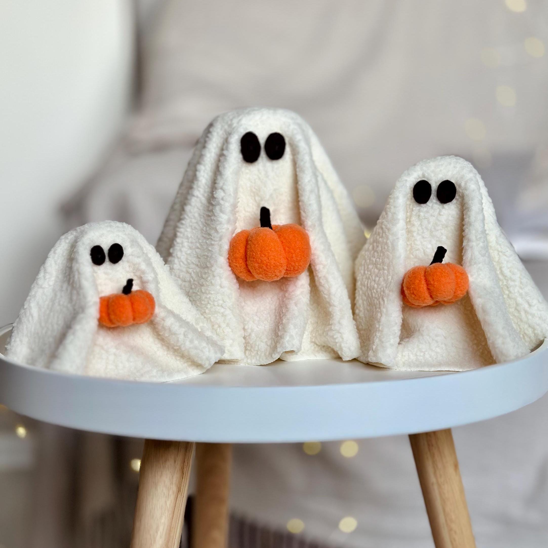 Decoración De Halloween - Fantasmas De Sherpa Iluminados Con Calabaza, Luz LED, Para Interior Y Mesa