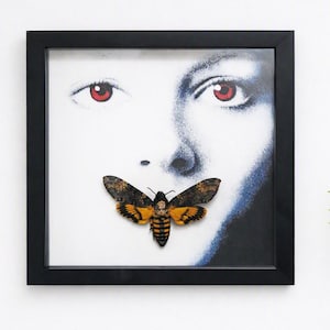 Peut inclure: Un cadre carré noir contenant une impression d'un visage aux yeux rouge vif et un spécimen de sphinx à tête de mort monté sur la zone de la bouche. Le papillon présente des ailes à motifs noirs et orange ainsi qu'un abdomen rayé.