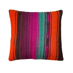 May include: A colourful striped throw pillow with orange, pink, purple and teal stripes. The pillow is made of a woven fabric and has a soft, textured feel.