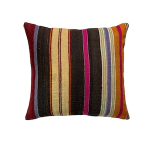 Vintage Turkish Kilim Pillow Cover: Handwoven Wool Cushion (55x55 cm)