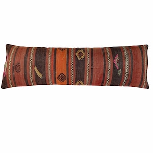 Handwoven Turkish Kilim Pillow Cover: Long Bolster Cushion, Wool (16&quot;x48&quot;)