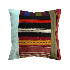 Vintage Turkish Kilim Pillow Cover (55x55 cm): Handwoven Wool Boho Cushion