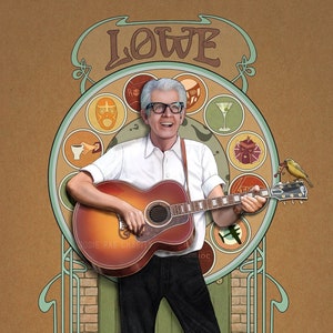 May include: An illustration of a man with a guitar, standing in front of a door. A dog and squirrel are at his feet. The background features a decorative design with the name "LOWE" at the top. The man is wearing a white shirt and black trousers.