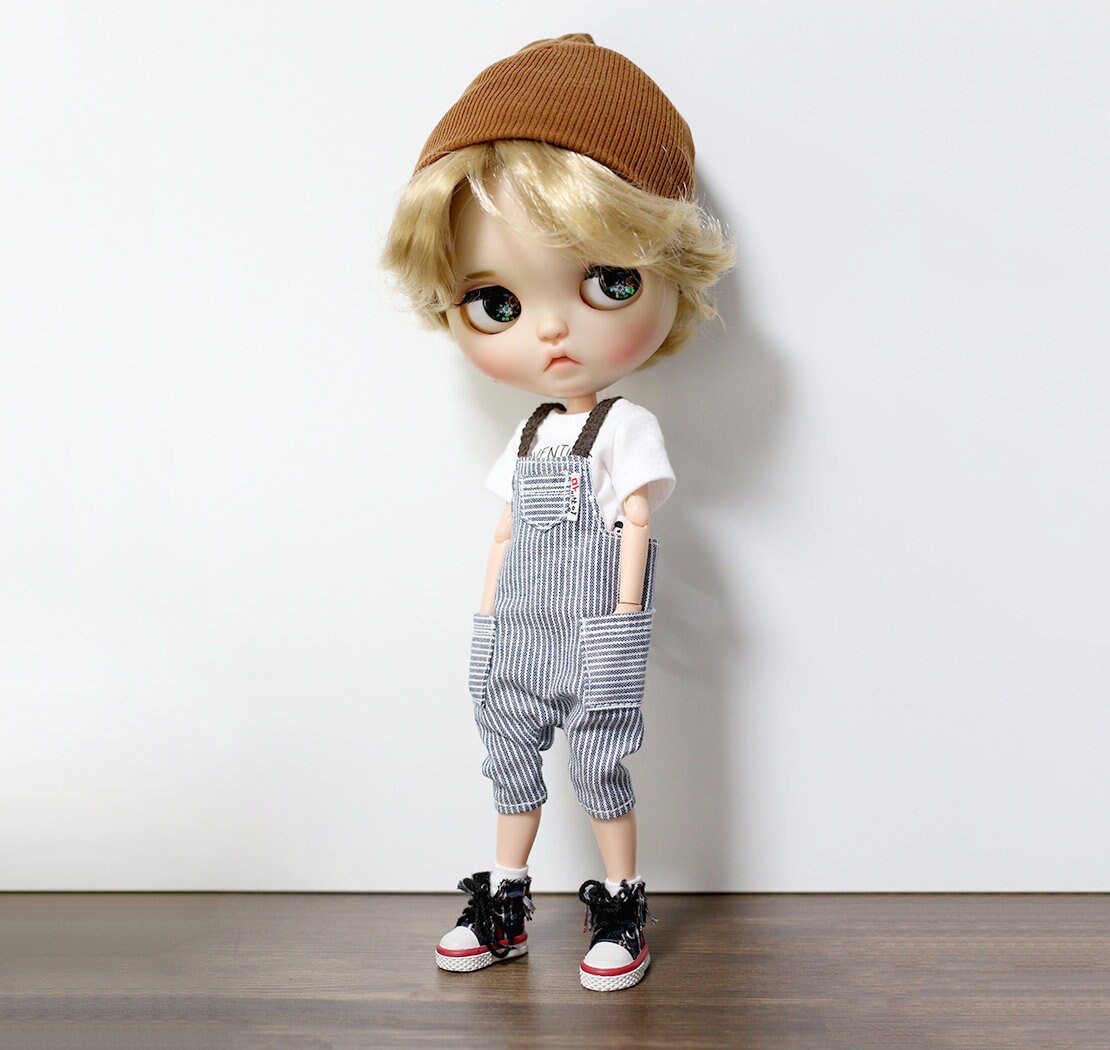 Blythe doll clothes - Navy striped pocket overalls Jumpsuit