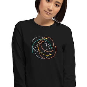 May include: A black long-sleeved shirt with a colorful abstract design of overlapping circles and lines.