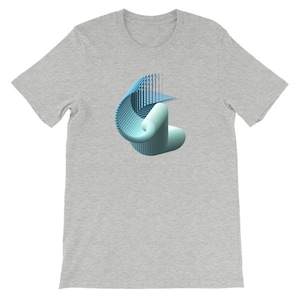 May include: A gray t-shirt with a blue and light blue 3D geometric design.