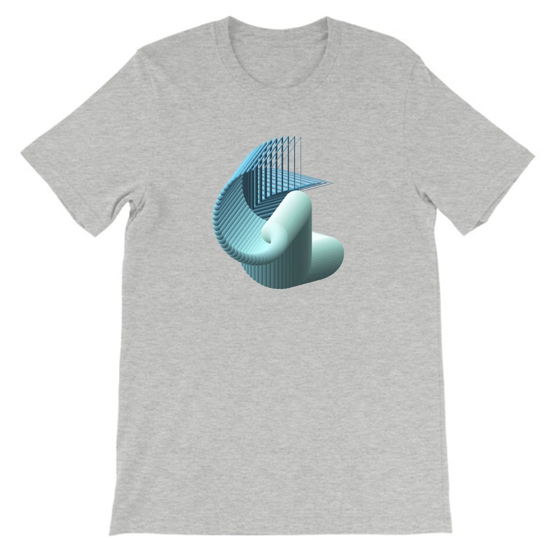 May include: A gray t-shirt with a blue and light blue 3D geometric design.
