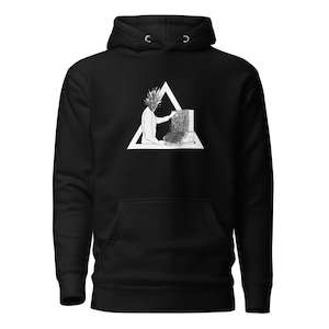 May include: Black hoodie with a white triangle design featuring a person with a plant growing out of their head sitting in front of a computer.