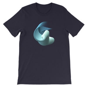 May include: A navy blue t-shirt with a 3D geometric design in shades of blue and green.