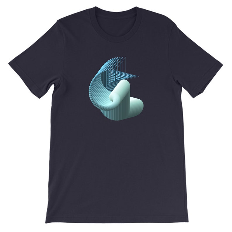 May include: A navy blue t-shirt with a 3D geometric design in shades of blue and green.