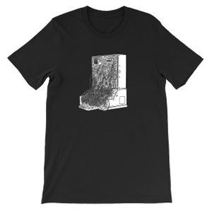 May include: A black t-shirt with a white graphic of a complex electronic circuit board with wires and components.