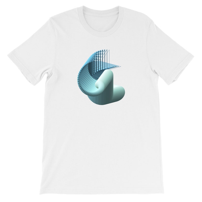 May include: A white t-shirt with a blue and light blue 3D geometric design on the front.